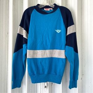 Pony Vintage Raglan Style Long Sleeve Blue Navy Gray Crew Neck Sweater!